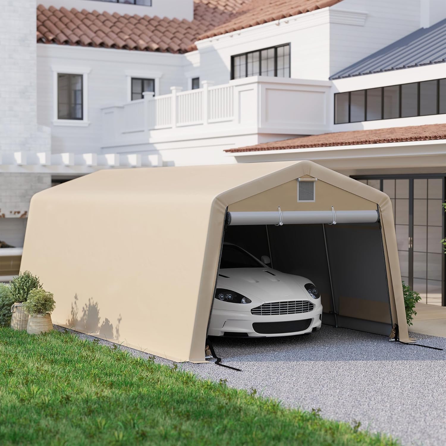 Outsunny Zelt Garage Carport ABM. 6,2L x 3,3l x 2,4H m robuster verzinkter Stahl PE mit hoher Dichte 150 g/m² wasserdicht UV-beständig, 1 khakifarbene Tür und 2 Belüftungsöffnungen