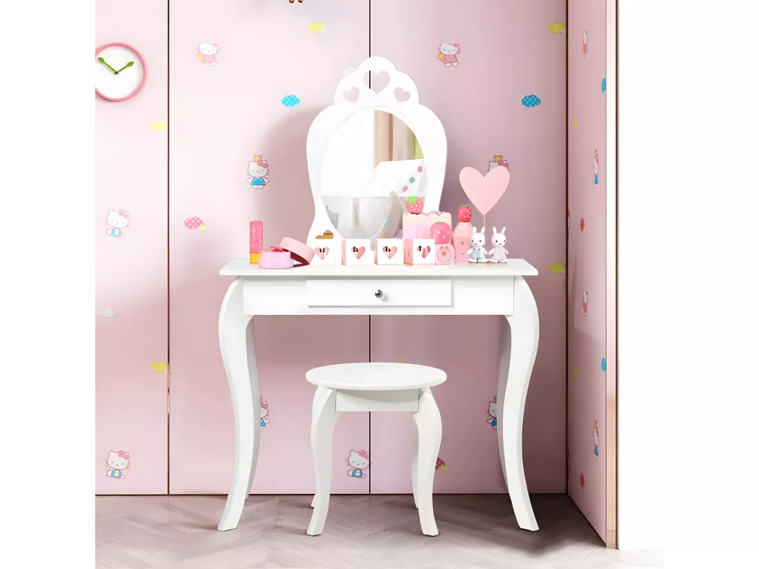 Coiffeuse pour Enfant avec Miroir, Inclus de Table de Maquillage et deTabouret, Dessus Amovible, Contemporain, 70 x 34 x 105 cm (Blanc)