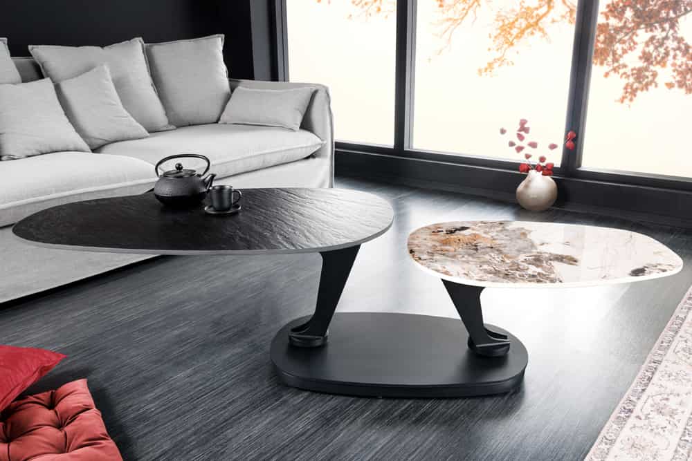Design Couchtisch MOVEMENT schwarz rund drehbar Pandora Keramik Metallgestell