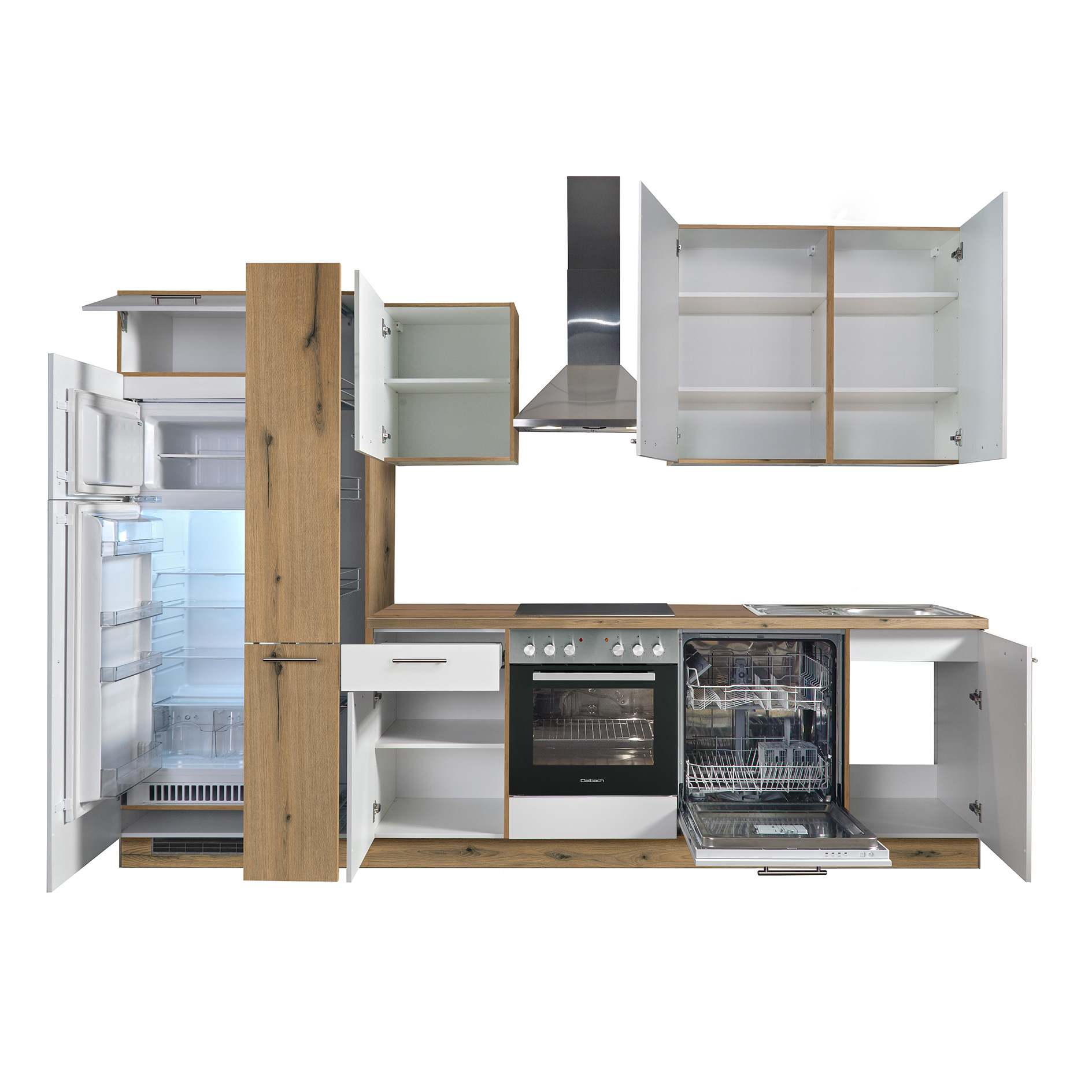 Küchenblock - weiß matt - Eiche Astig - mit E-Geräten - Kühlschrank links - 310 cm