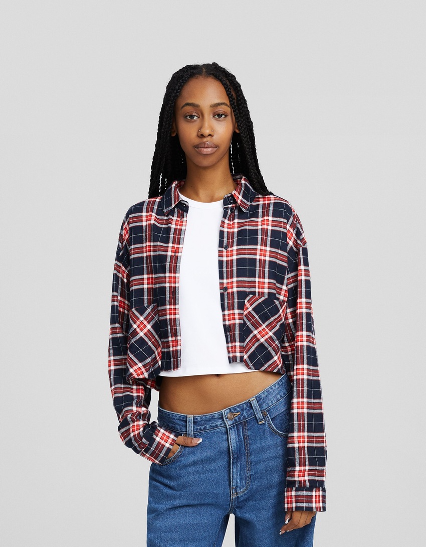 Camisa xadrez cropped de manga comprida