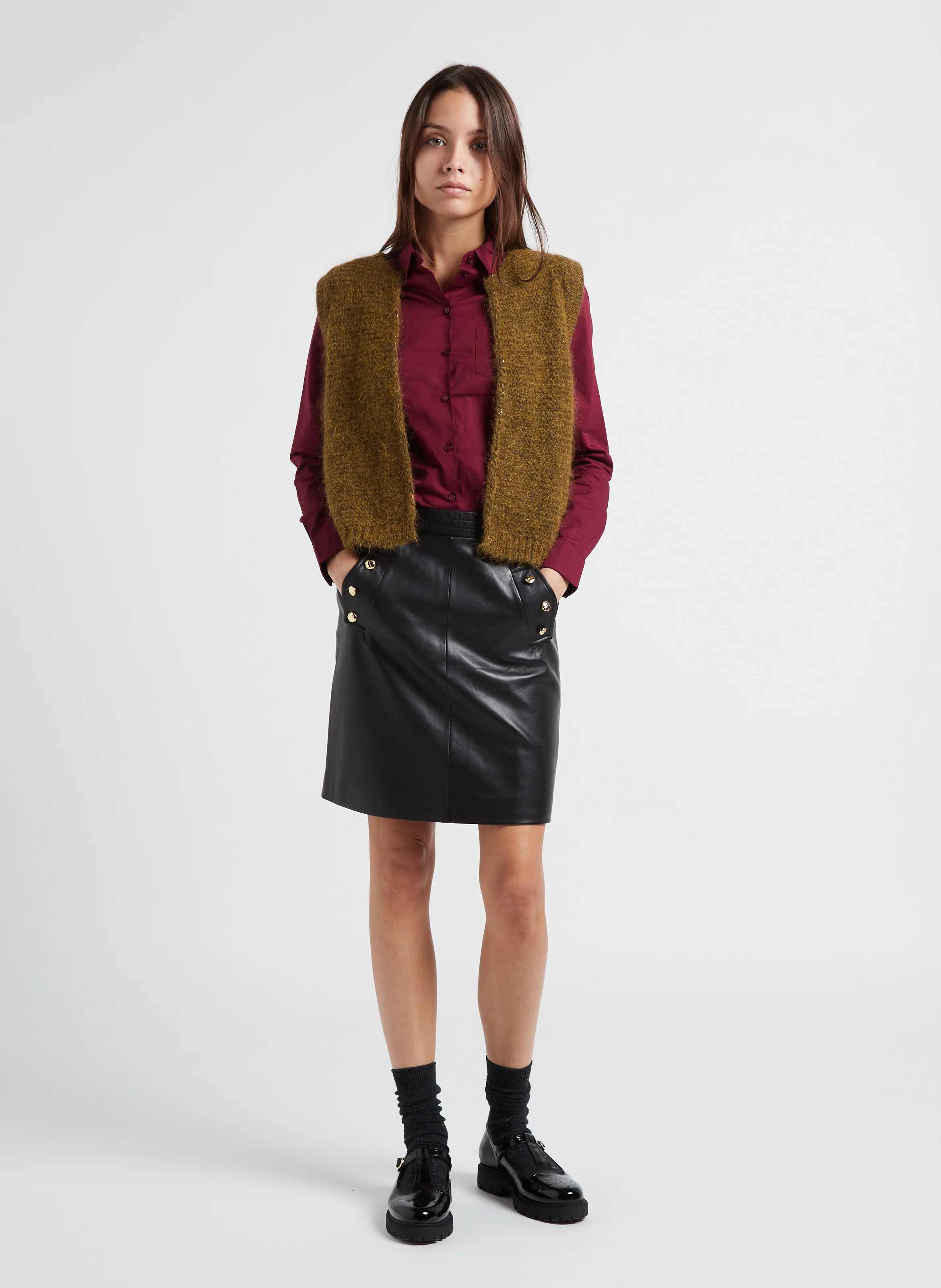 GOTANAX - Gilet col rond droit en maille | Vert