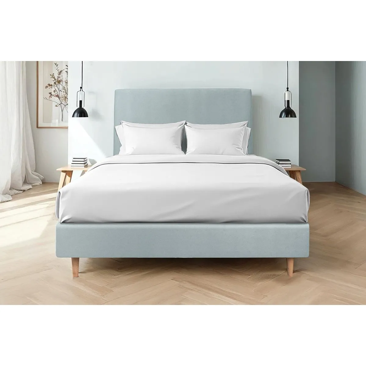 Sommeil de plomb Lit 140x190cm - Tête de lit velours et sommier tapissier - Gris bleuté
