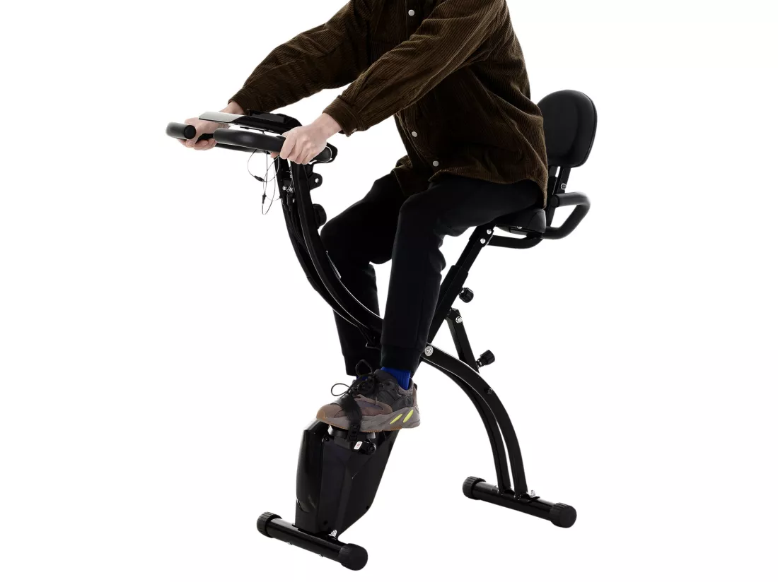 Vélo d'appartement pliant 8 niveaux de résistance magnétique dossier selle réglable poignées ergonomiques écran LCD multifonction suspensions support tablette acier noir