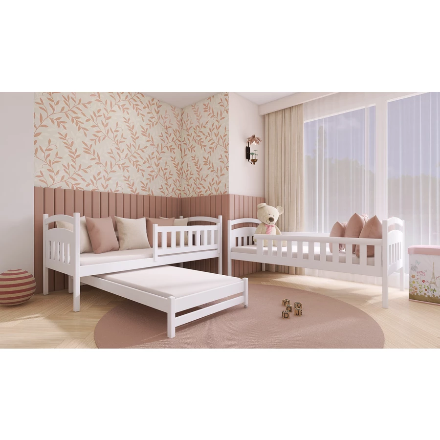 Kids Collective Hochbett 90x200 mit Ausziehbett Etagenbett mit Ausziehfunktion, 2 Schubladen weiß mit 3 Matratzen