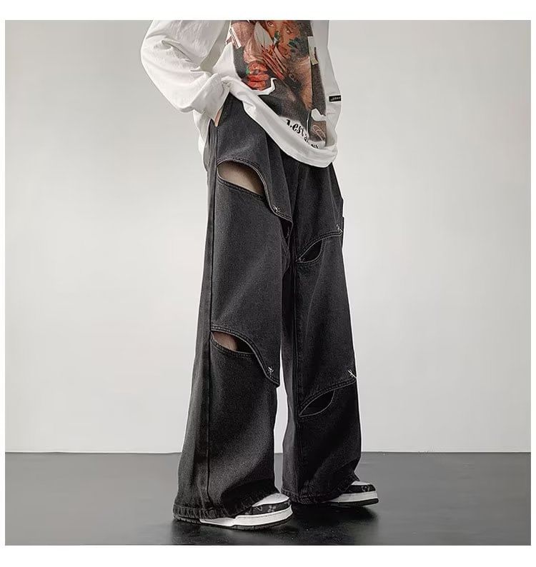 farrahces - Mid Rise Washed Cutout Panel Wide Leg Jeans