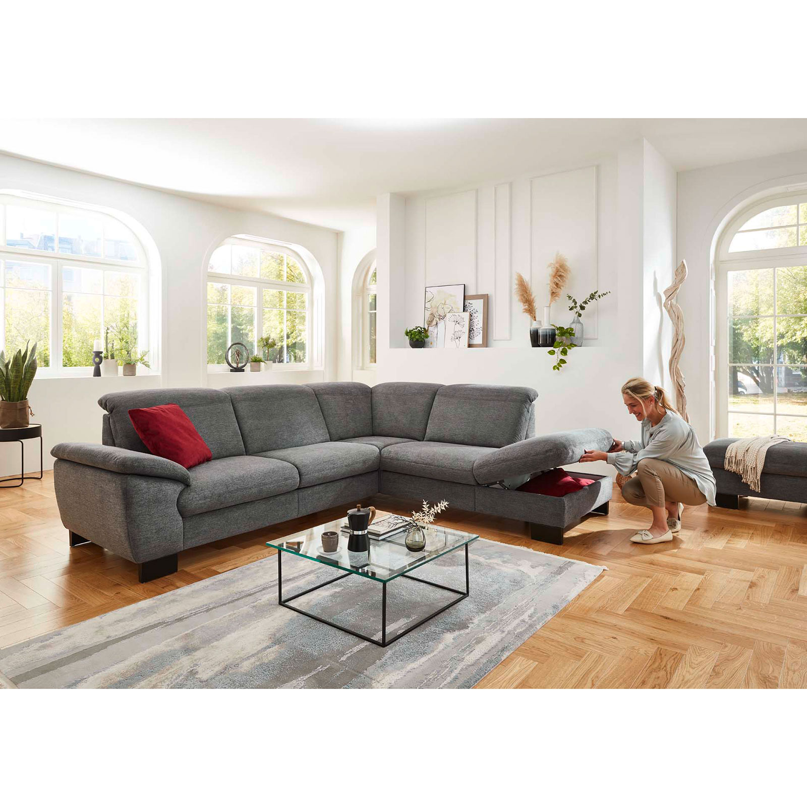 polsterpower Ecksofa - anthrazit - mit Funktionen - Anstellhocker rechts