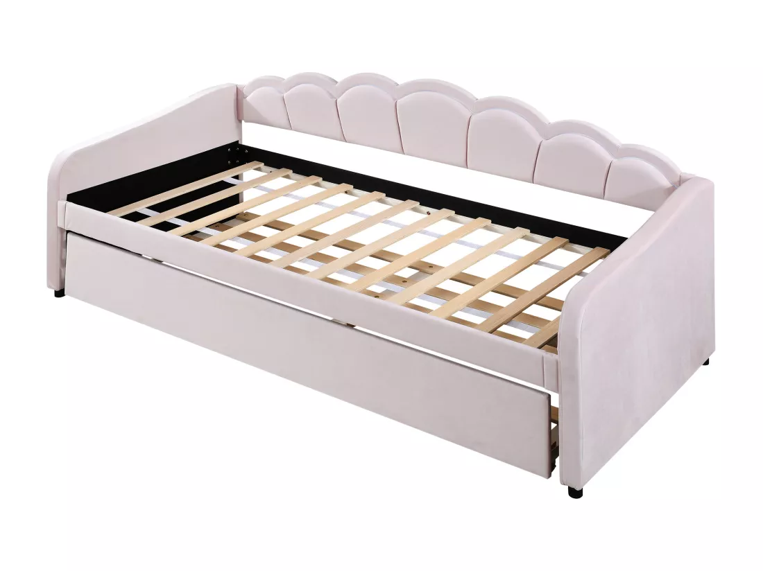 Lit gigogne 90 x 200 cm + lit 90 x 190 cm, canapé-lit - velours - LEDs - coloris rose (sans matelas)