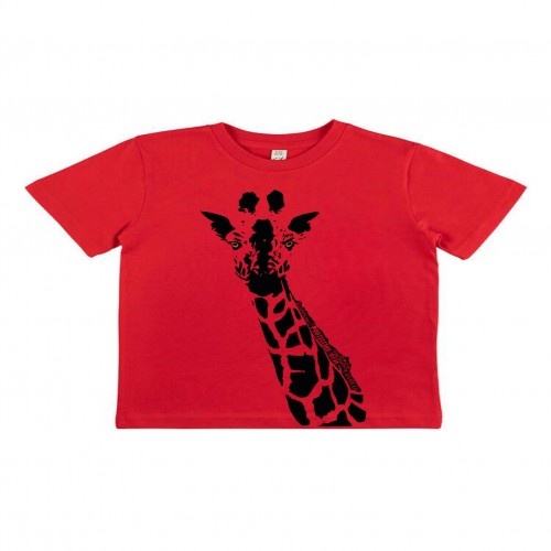 Camiseta infantil de manga curta com estampa de girafa vermelha, em algodão orgânico, com totem animal.