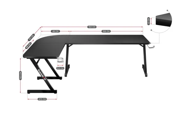 Huzaro Hero 7.0 - Skrivebord - L-formet - aluminium/kulfiber - sort base