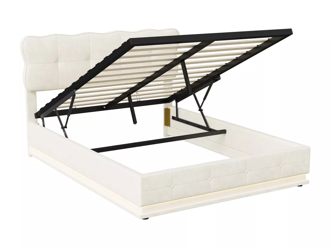 Lit coffre 160x200cm avec rangements, tissu velours, cadre de lit avec tête de lit, éclairage LED, sommier à lattes, lit hydraulique multifonction, lit adulte style moderne, Beige