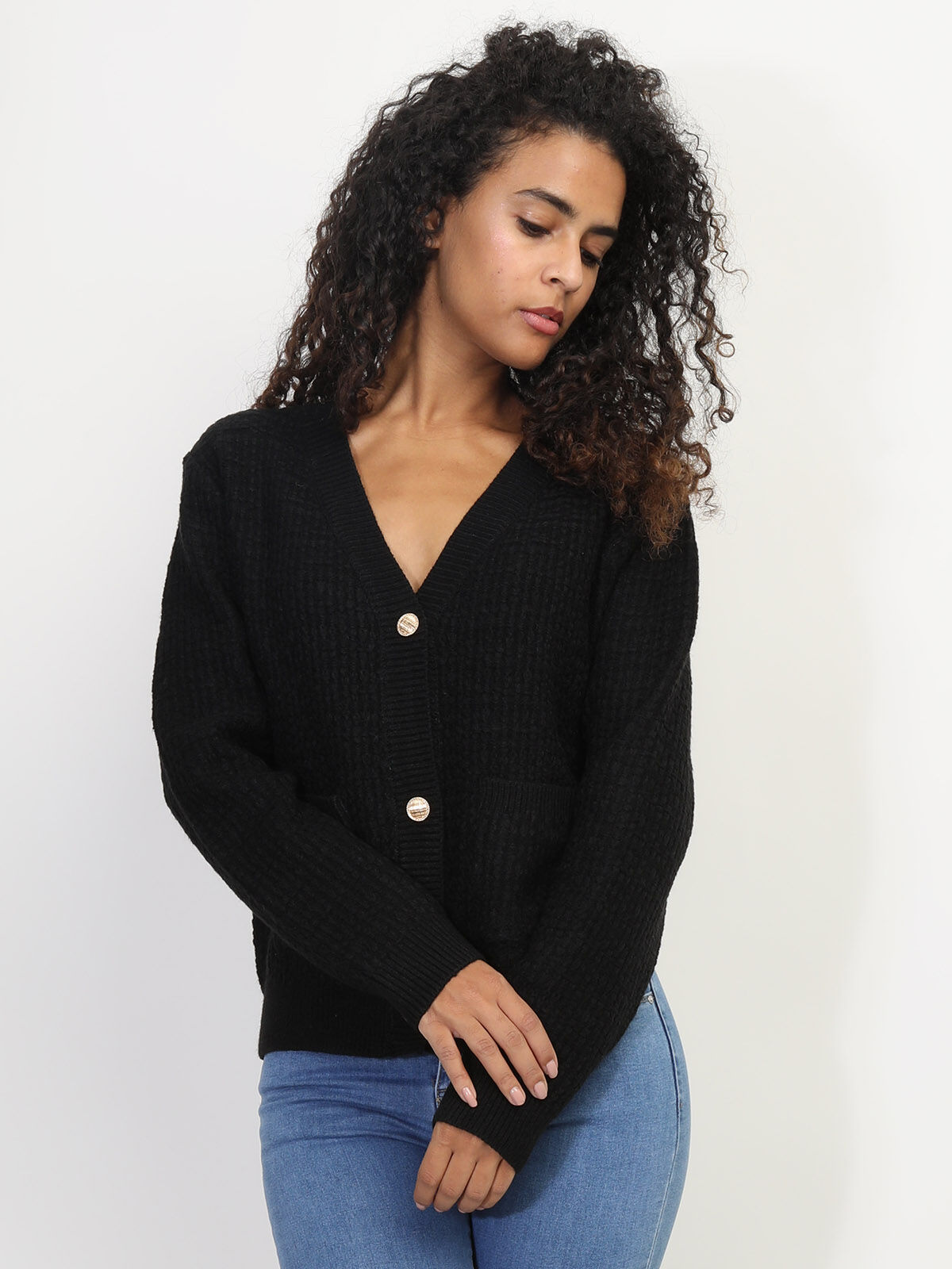 Cardigan texturé à boutons dorés- Noir