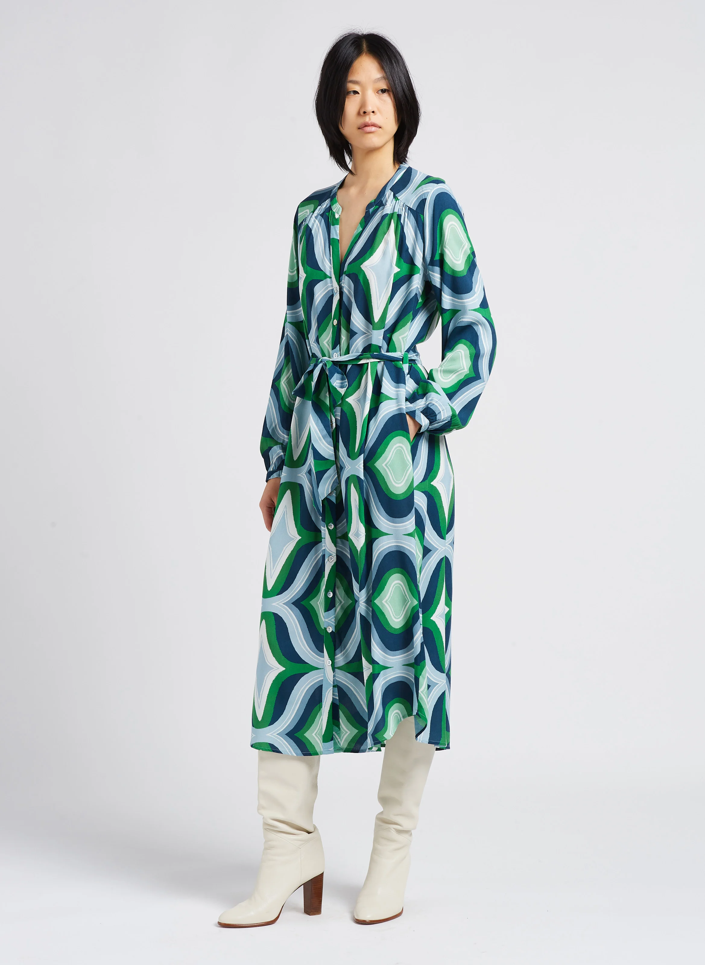 CLELIE - Robe midi col tunisien imprimé géométrique| Vert