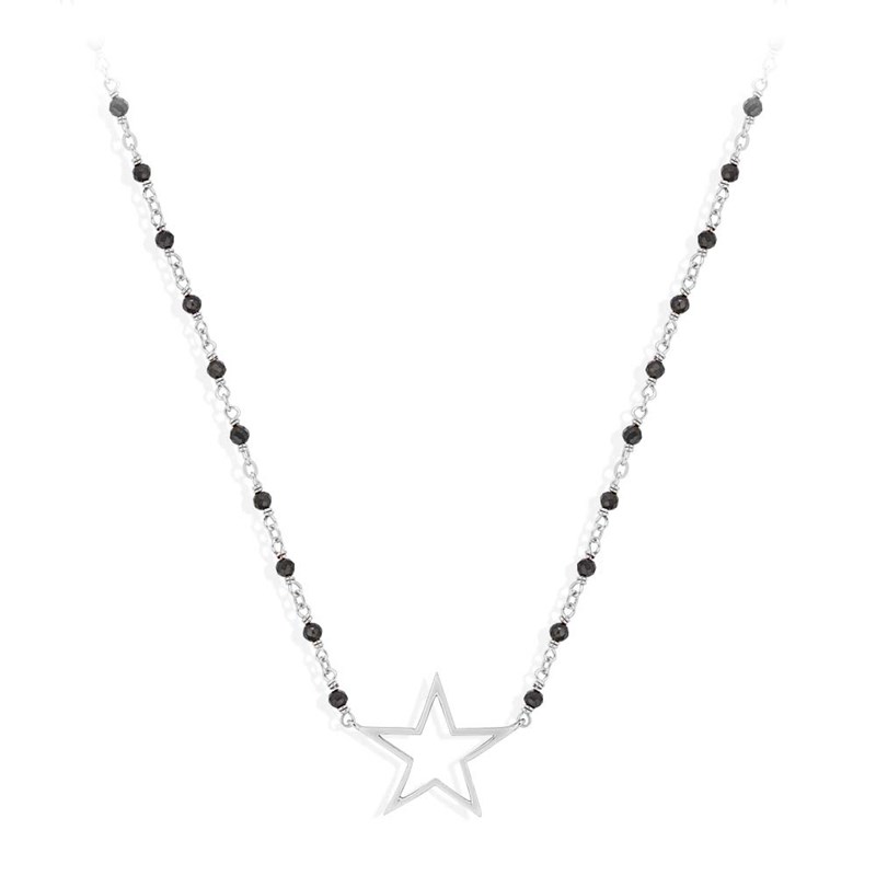 Collier Argent Rhodié étoile Et Pierre Spinelle Noire