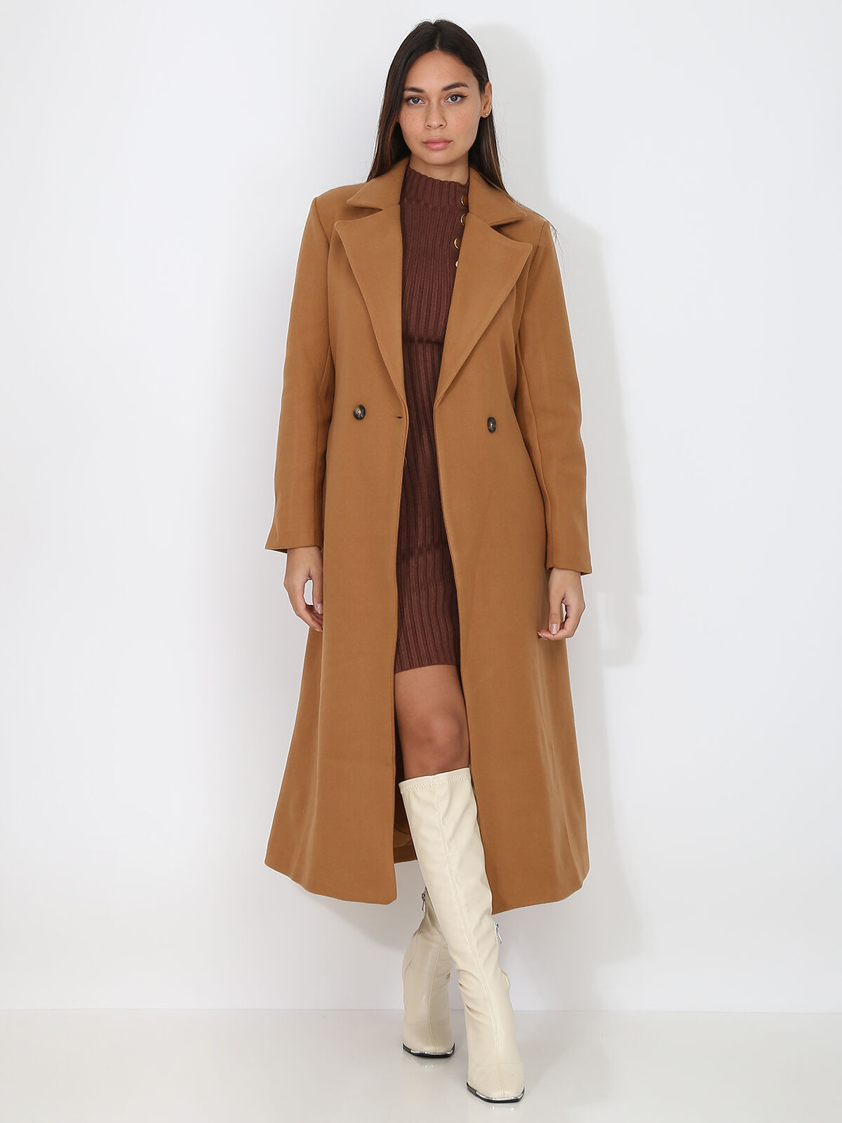 Manteau mi-long croisé et ceinturé- Camel
