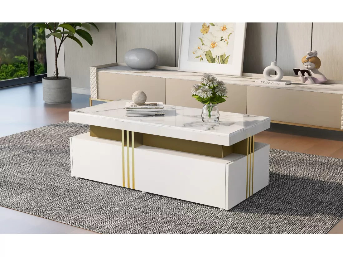 Table basse rectangulaire moderne avec plateau brillant avec 2 tiroirs en bois, plateau marbré, pour salon, 100x50x40 cm, blanc