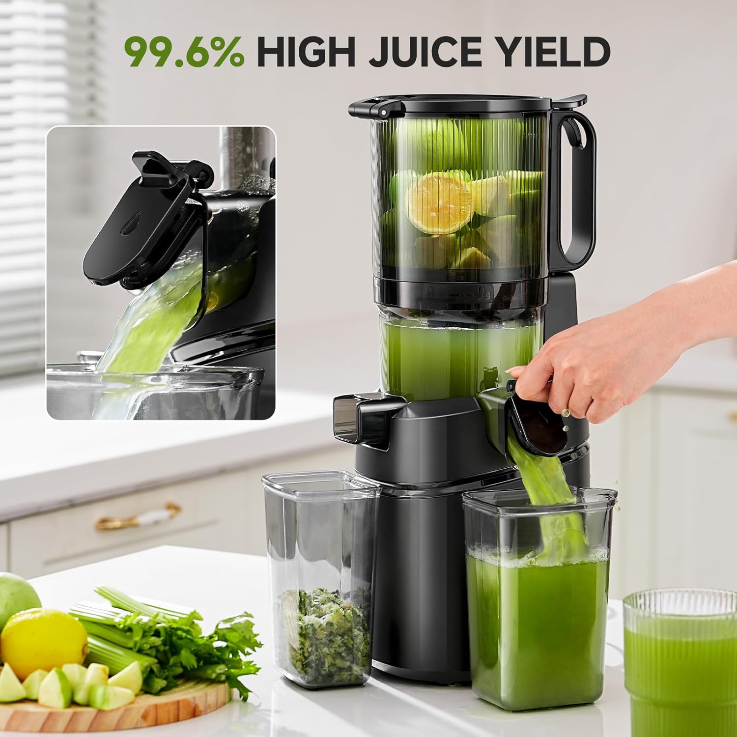 AMZCHEF 250W Automatischer All-In-One Entsafter, 145MM Öffnung und 1,8L entsafter für Gemüse und Obst, Entsafter Slow Juicer Testsieger mit Dreifachem Filter - Schwarz