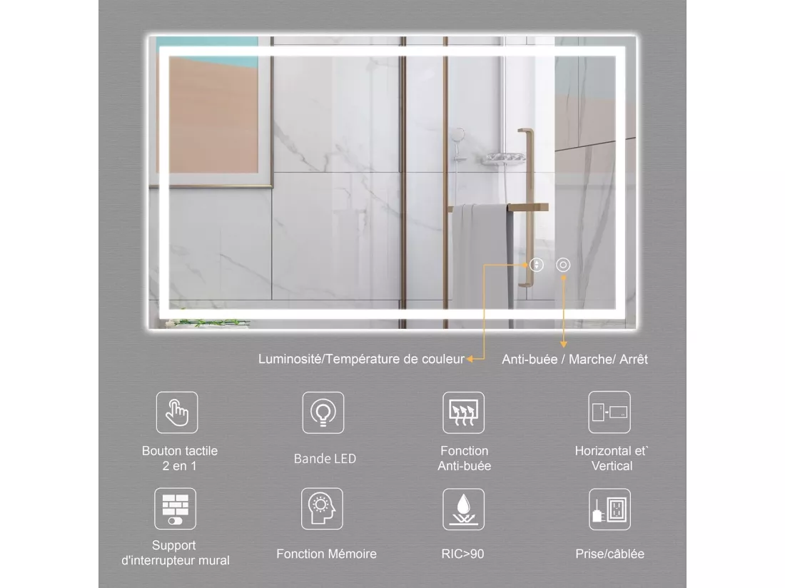 Miroir Rectangulaire Salle de Bain avec Lumière LED, Miroir 3 Couleur Changeable, Antibuée, Verticale/Horizontale - 100 x 60 cm