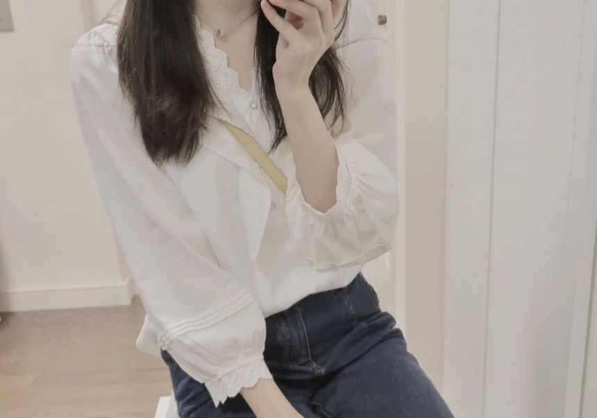 Onipixiy - Blouse met lange mouwen en kanten rand