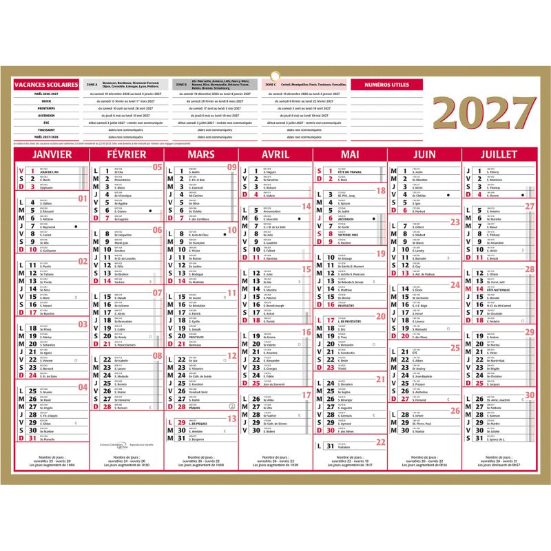 Calendrier semestriel mural 2027 - Or - L 42 x 32 cm