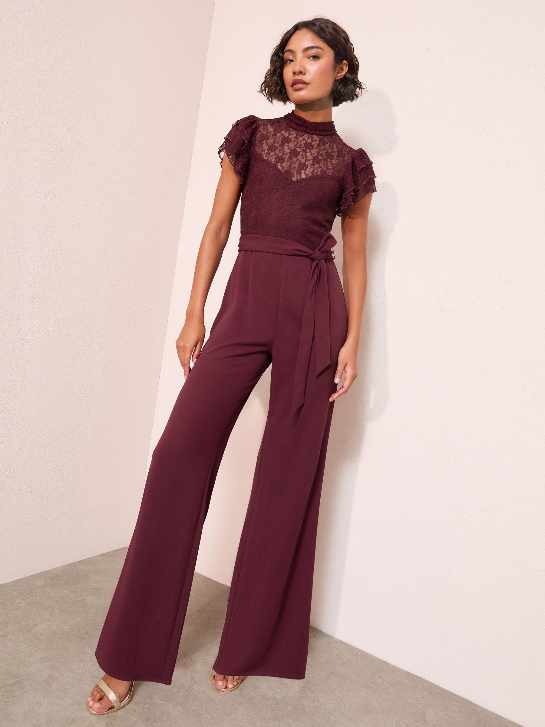 Paars - Friends Like These jumpsuit van kant en scubamix met ruches aan de mouwen