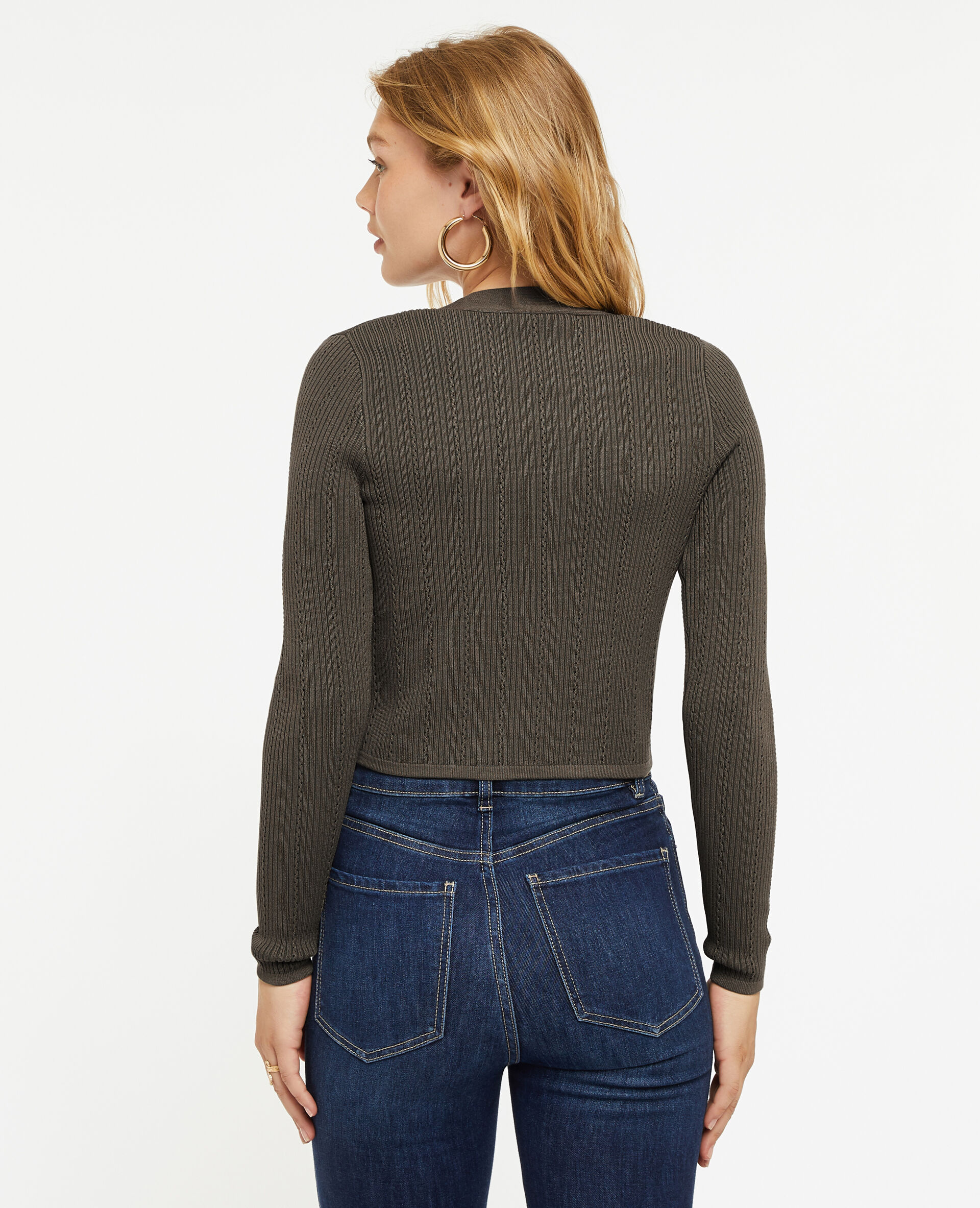 Gilet court maille fantaisie et boutons marins - Vert kaki