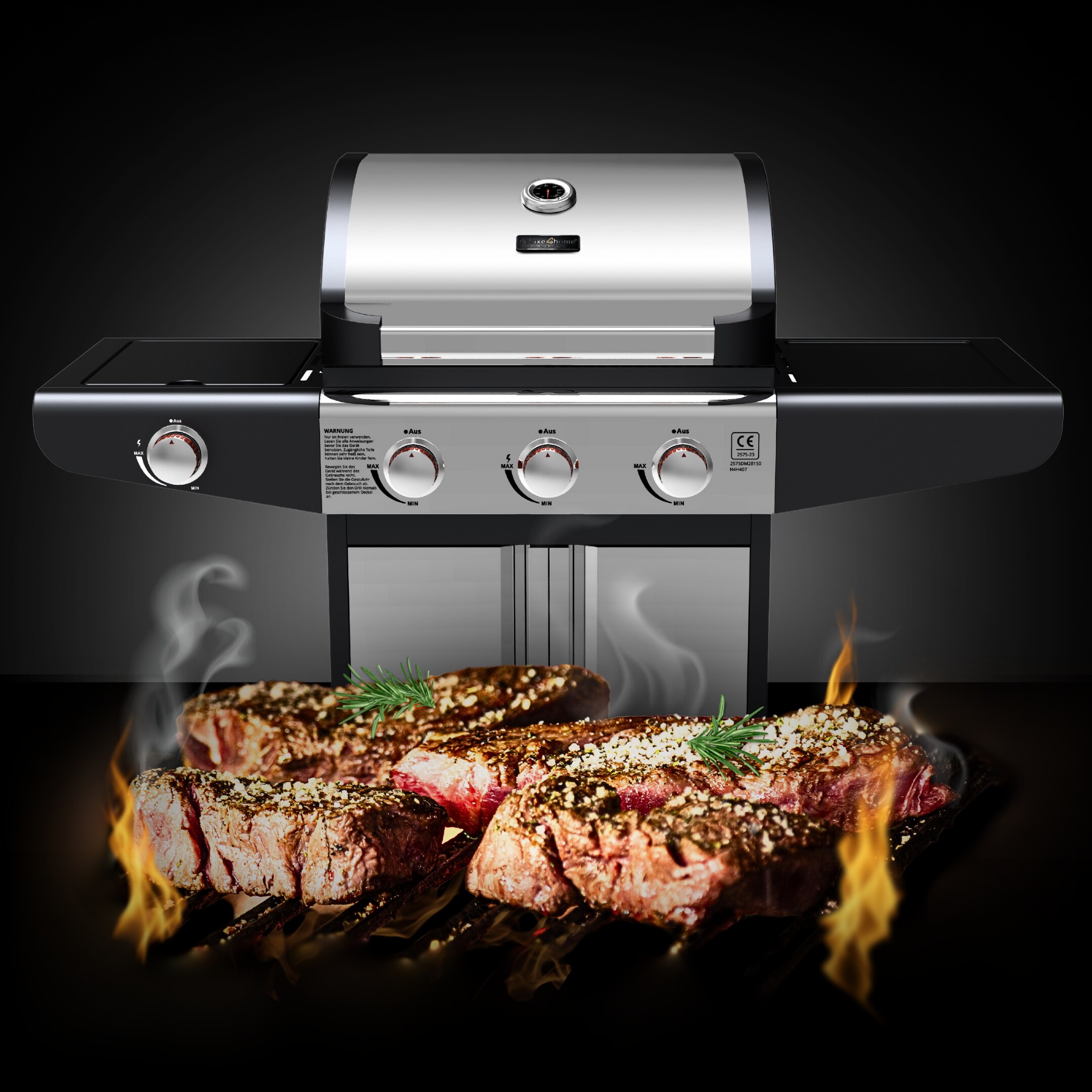 deluxe4home® Grillwagen Gasgrill mit Deckel, 3 + 1 Seitenbrenner, Thermometer uvm.