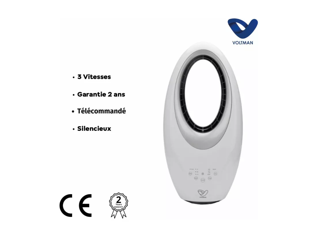Ventilateur colonne Blanc silencieux et oscillant - 50W - Télécommande 3 vitesses - Voltman