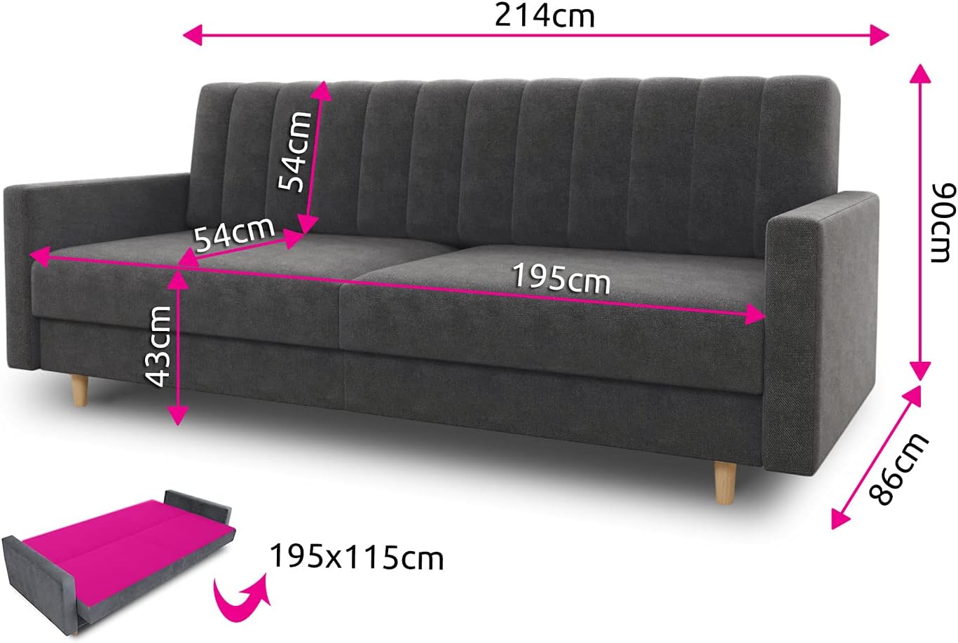 Schlafsofa Sara - Sofa mit Schlaffunktion und Bettkasten, Bettsofa mit Wellenfeder, Schlafcouch mit Holzfüße, Couch vom Hersteller, Couchgarnitur, Velours (Pink (Kronos 29))