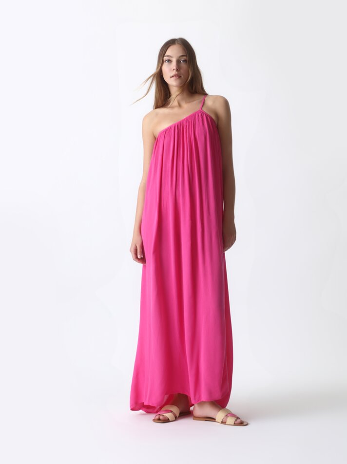 Vestido assimétrico em chambray - Fúcsia