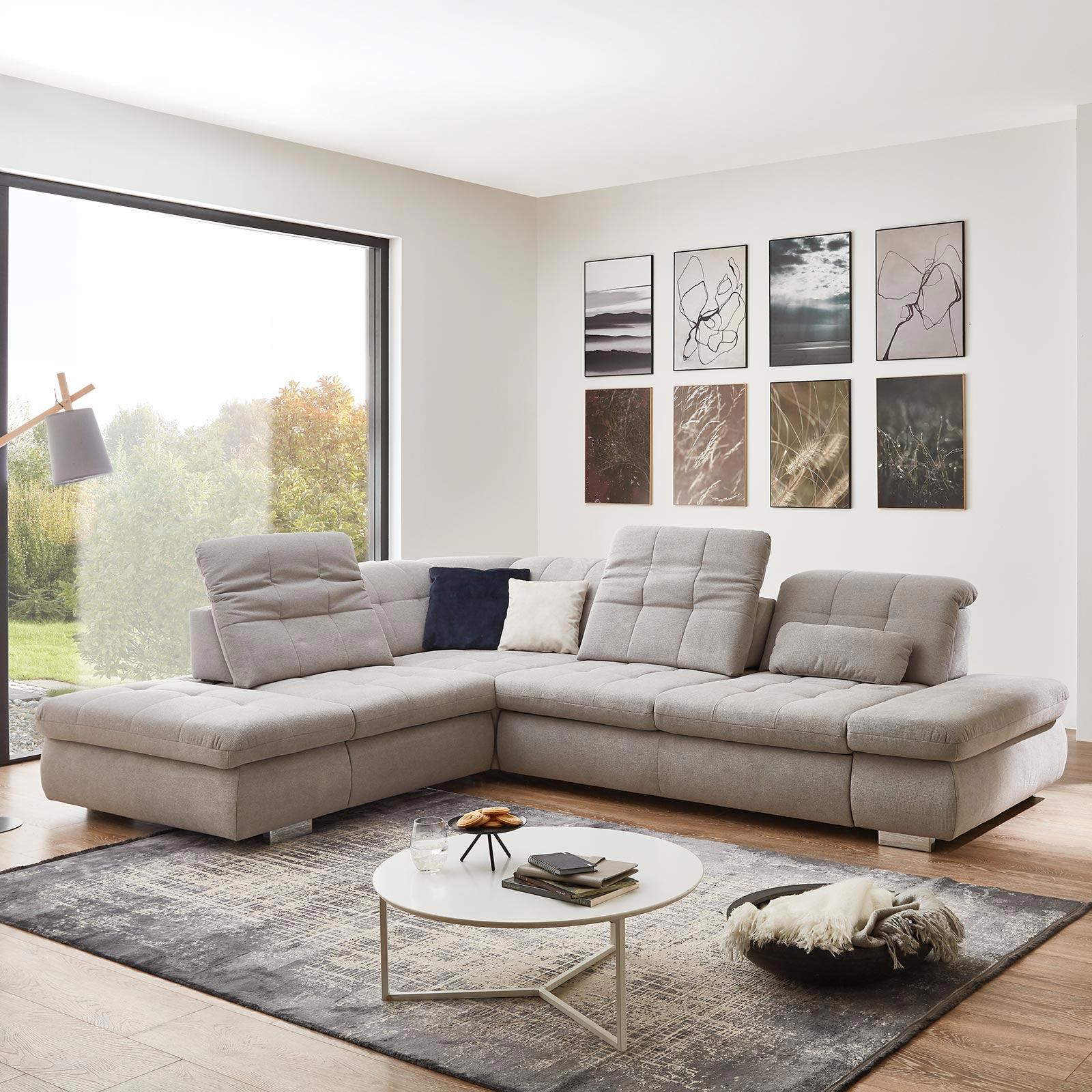 polsterpower Ecksofa - silber - mit Funktionen - Anstellhocker links