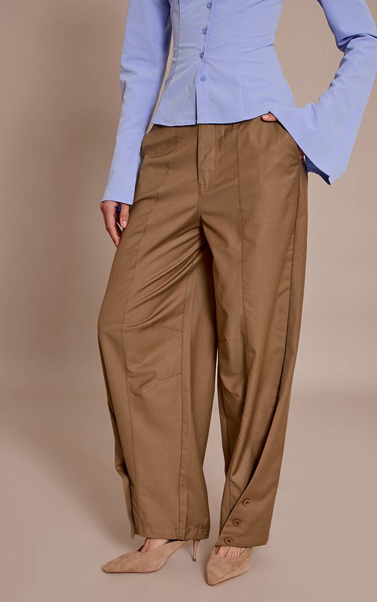 Sage Khaki Pantalon Tissé À Jambes Tonneau Avec Boutons Et Coutures