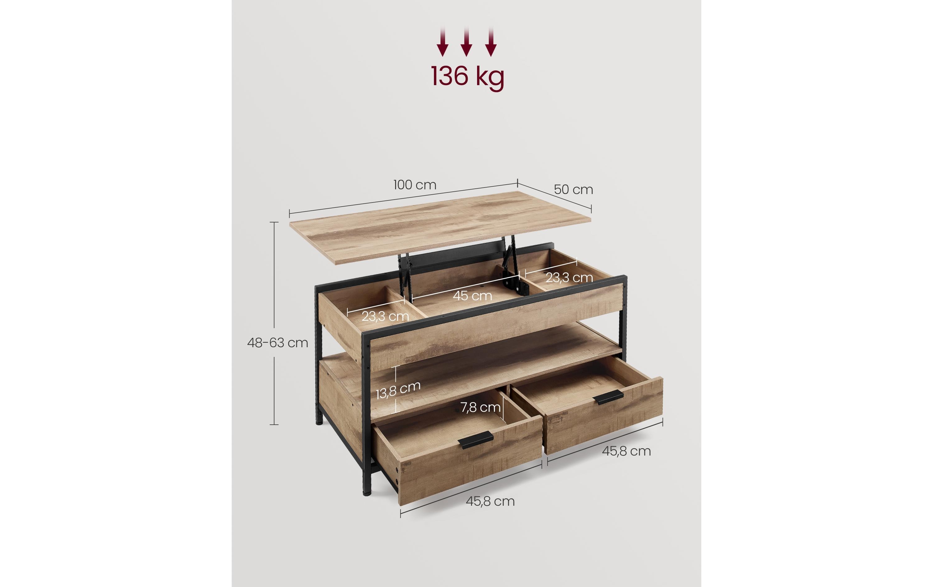 Couchtisch 100 x 48 cm/63 cm, Braun<br>Wohnzimmertisch mit hochklappbaren Schubladen
