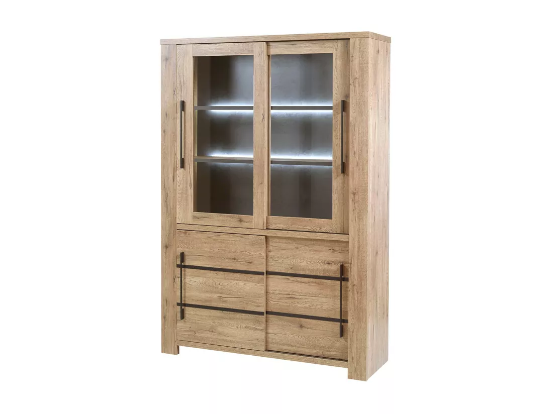 NILLA - Vitrine 4 Portes Aspect Bois avec Eclairage Led