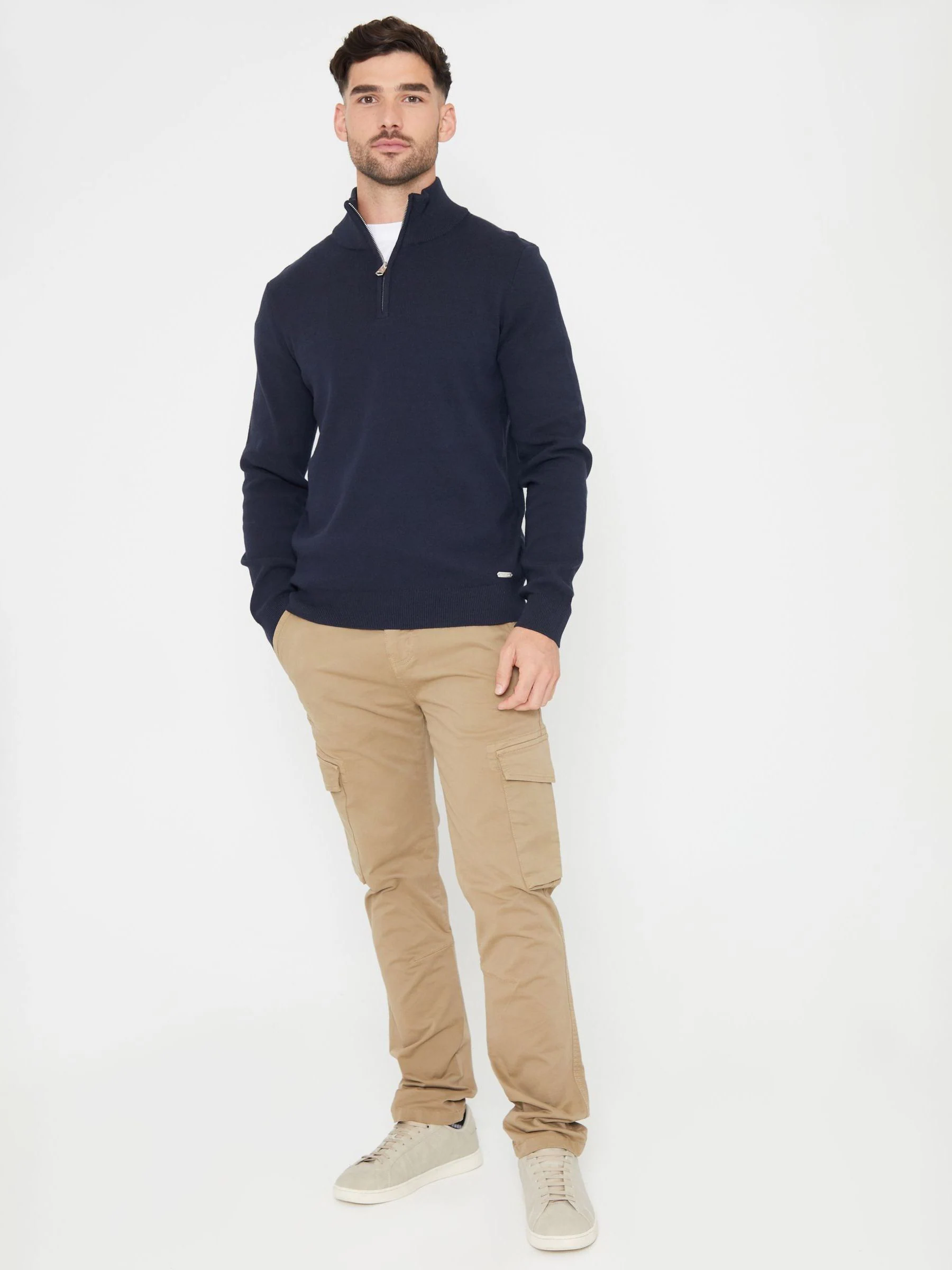Marineblauw - Threadbare gebreide trui van katoenmix met korte rits