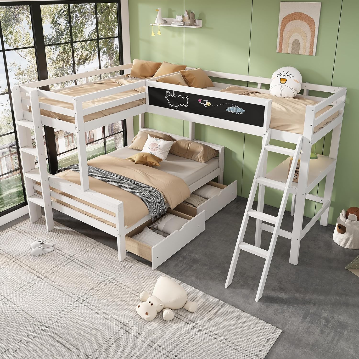 Dreier Hochbett Kinderbett 140x200cm+90x200cm mit Schreibtisch und Regal, Etagenbett für 3 Kinder mit Schubladen und Leitern, Kiefernholz, Weiß+Oak