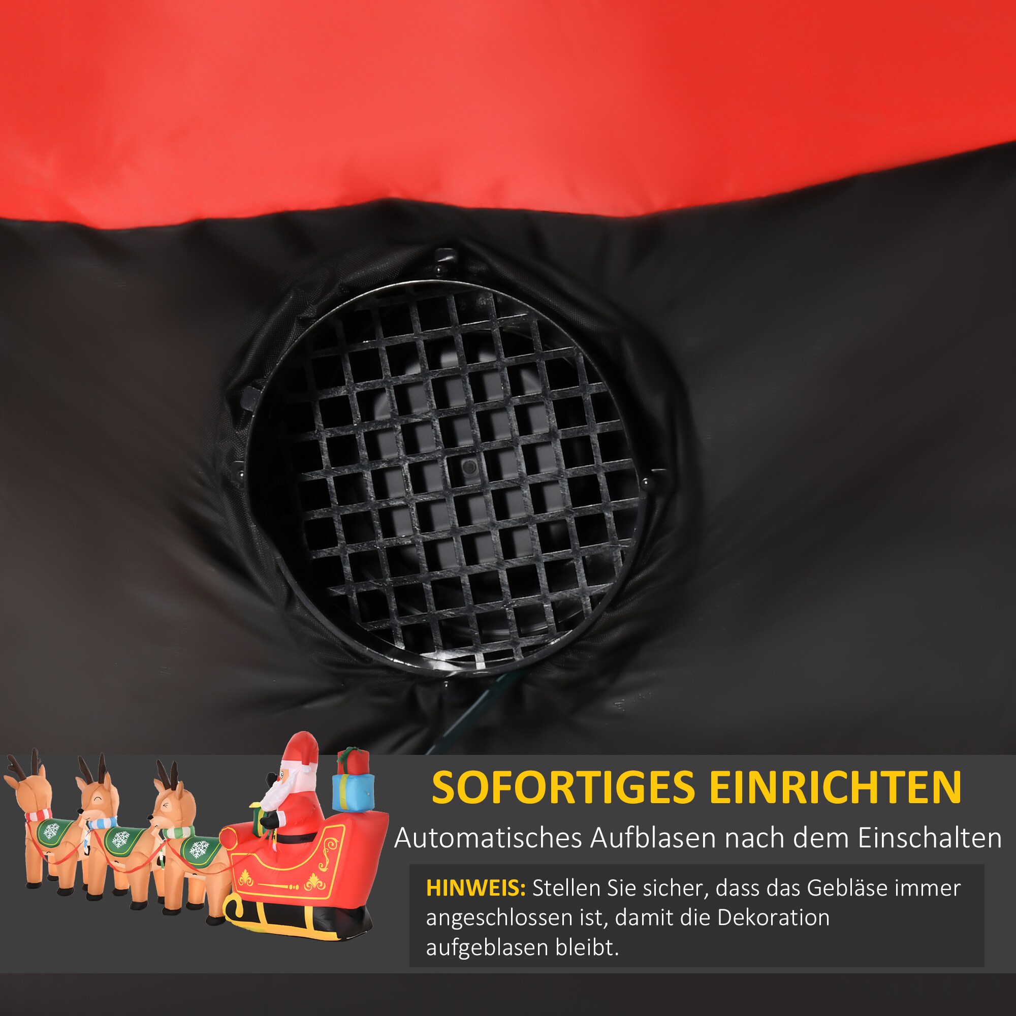 HOMCOM Aufblasbarer Weihnachtsmann mit Schlitten, 3 Hirschen und Beleuchtung bunt 319B x 59T x 132H cm