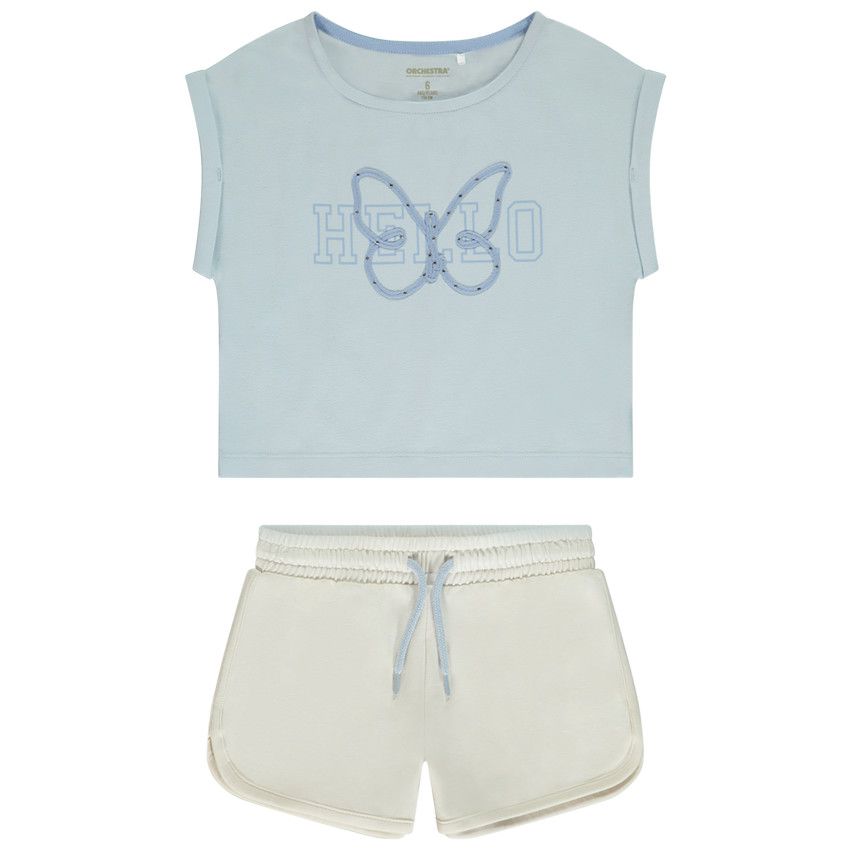 Ensemble 2 pièces avec papillon en strass et ruban pour fille - Bleu