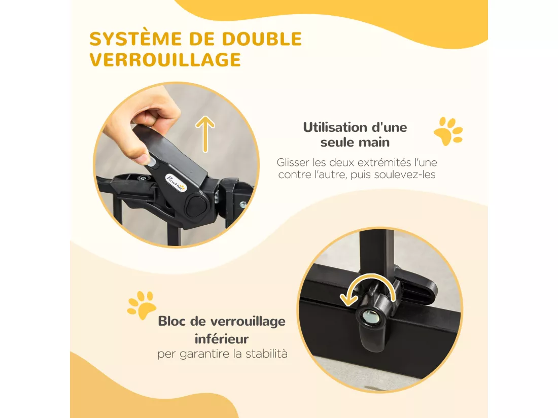Barrière de sécurité animaux - longueur réglable dim. 74-80 cm - 2 portes verrouillables, ouverture double sens - sans perçage - acier noir pin