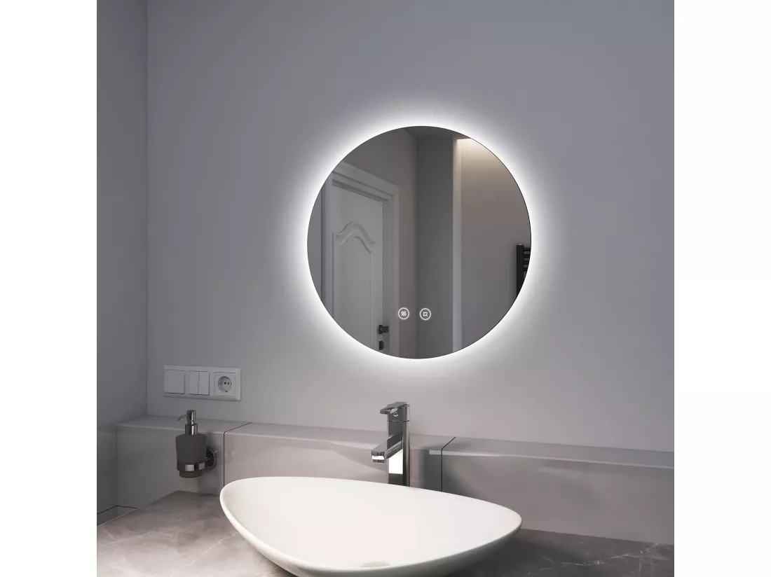 EMKE Miroir lumineux salle de bain rond diamètre 50cm, Miroir LED rétro-éclairage, Interrupteur Tactile, Anti-buée, Lumière Blanche Froide Réglable