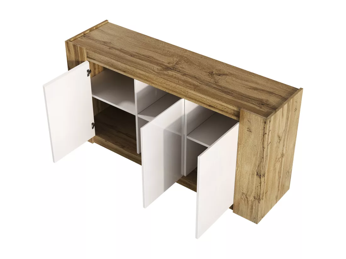 Buffet 150x40x70.5cm - 3 portes - design sans poignées - étagères réglables - blanc + naturel