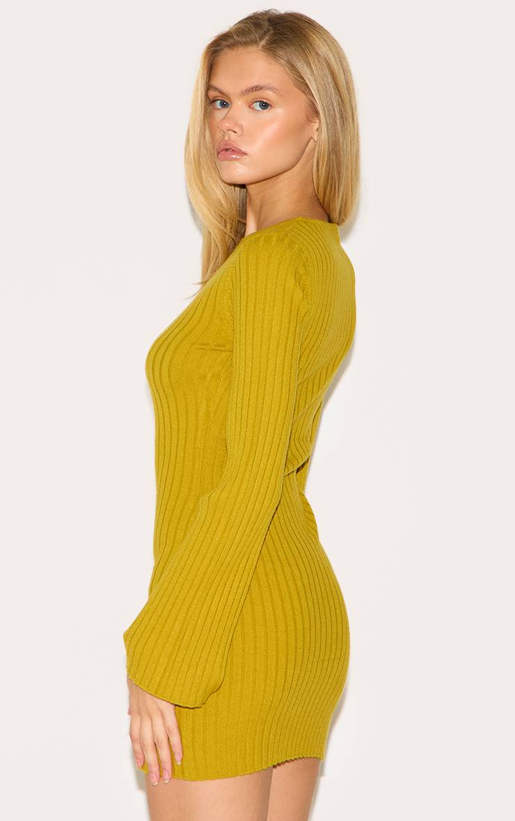 Vert Olive Robe Courte En Maille Côtelée