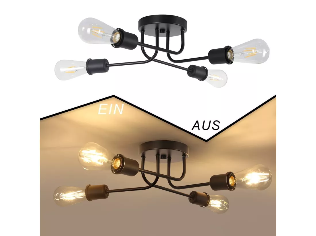 NETTLIFE Plafonnier plafonnier vintage noir - lampe de salon rétro 4 lampes industrielle E27 Sans ampoules