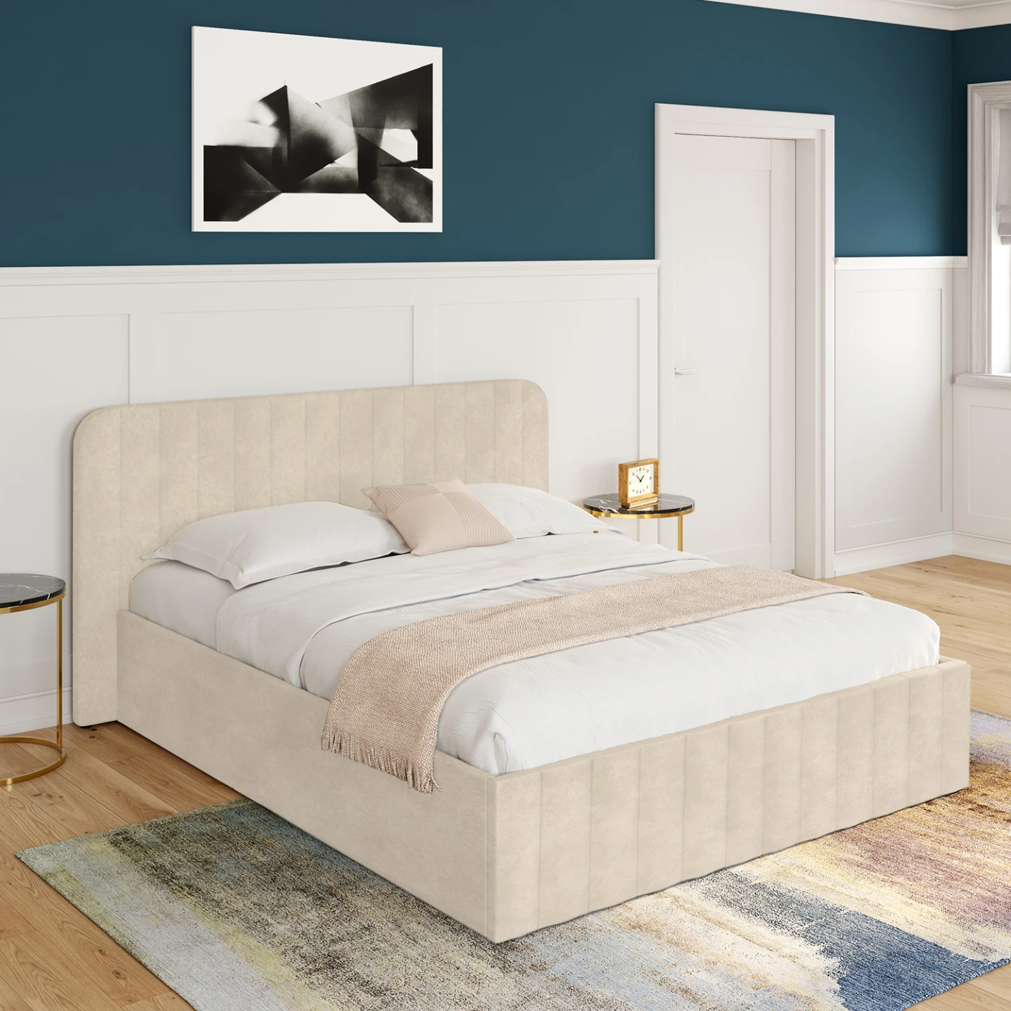 Lit coffre double ALBA avec tête de lit et sommier 140 x 190 cm velours beige