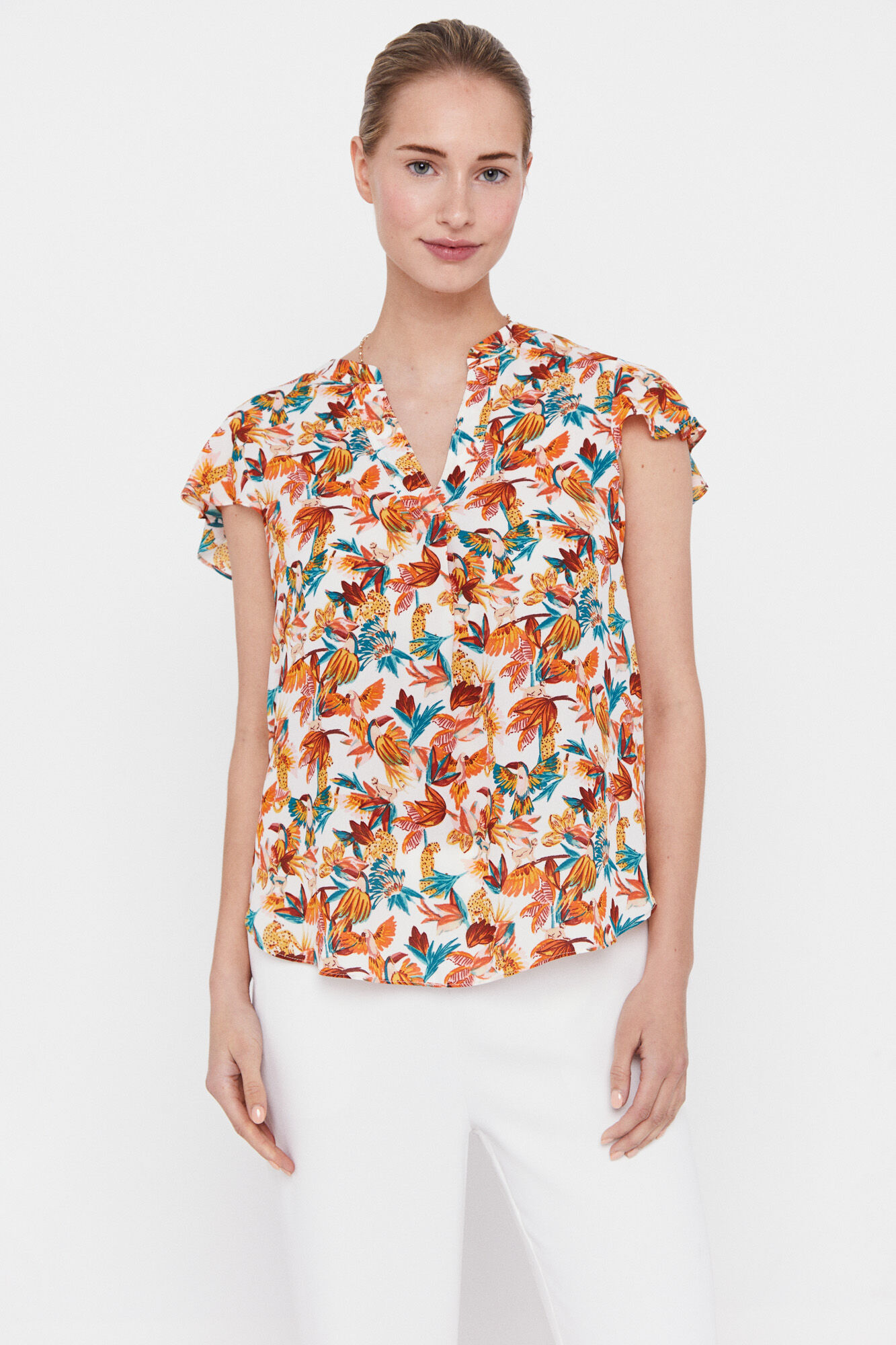 Blusa com mangas franzidas - Estampa branca