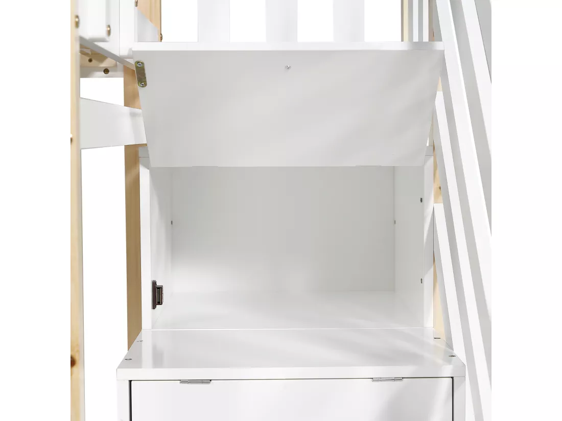 Lits Superposés Cabane - 90 X 200 cm/90 X 190 cm - Avec Escalier À Tiroirs Et Protection Antichute - Naturel + Blanc