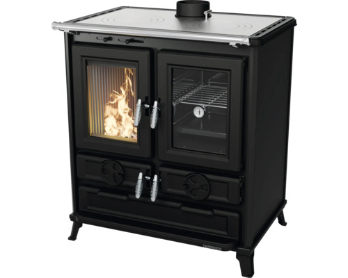 Thermorossi Klaretta Evo 8,2 kW Easy vaste brandstofkachel, zwart, met oven rechts en gietijzeren kookplaat.