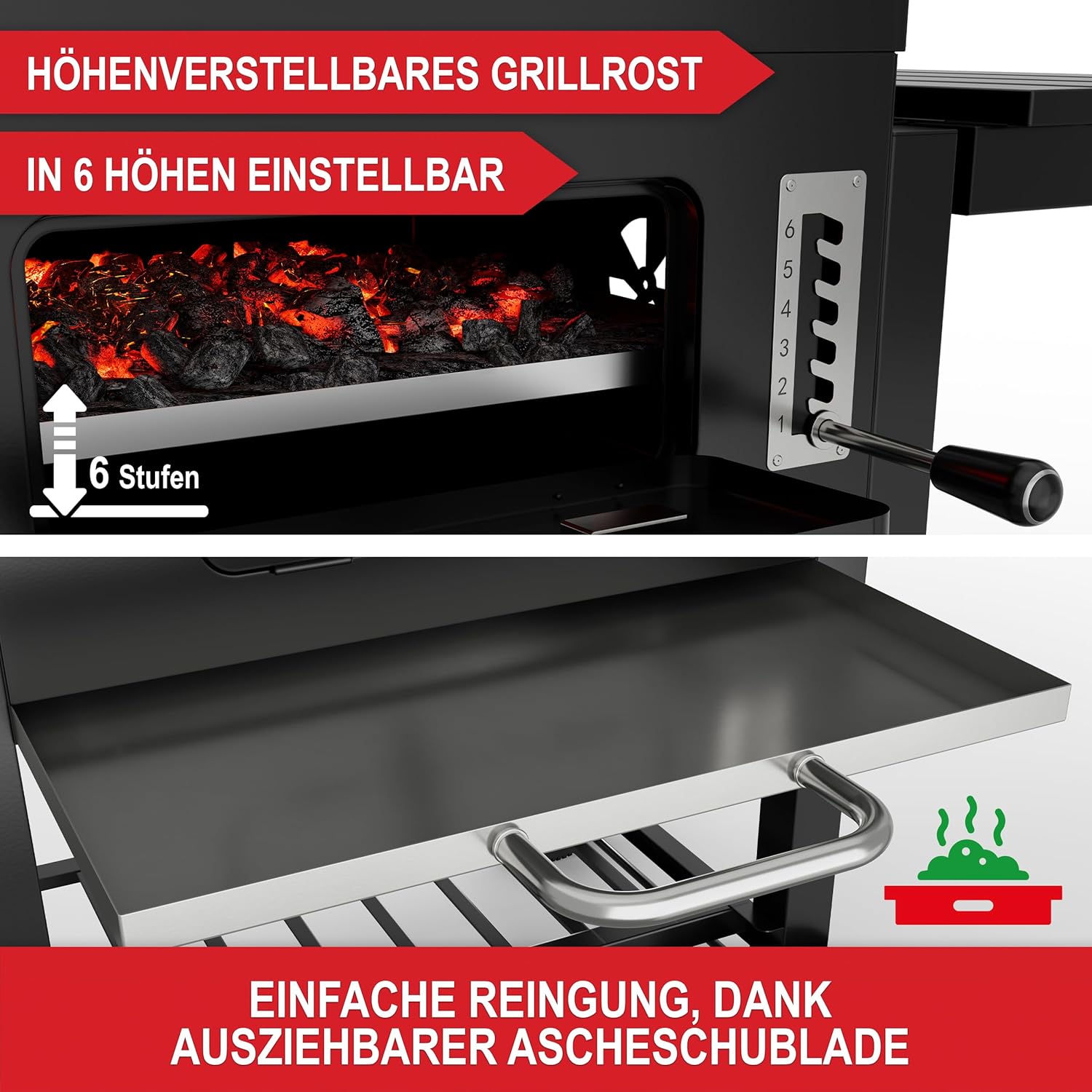 Holzkohlegrill mit Grillrost aus Gusseisen – PLUS Abdeckung - XXL BBQ Grill mit Deckel – mobiler Grillwagen mit klappbaren Ablagen – Grillrostverstellung –Thermometer – Flaschenöffner