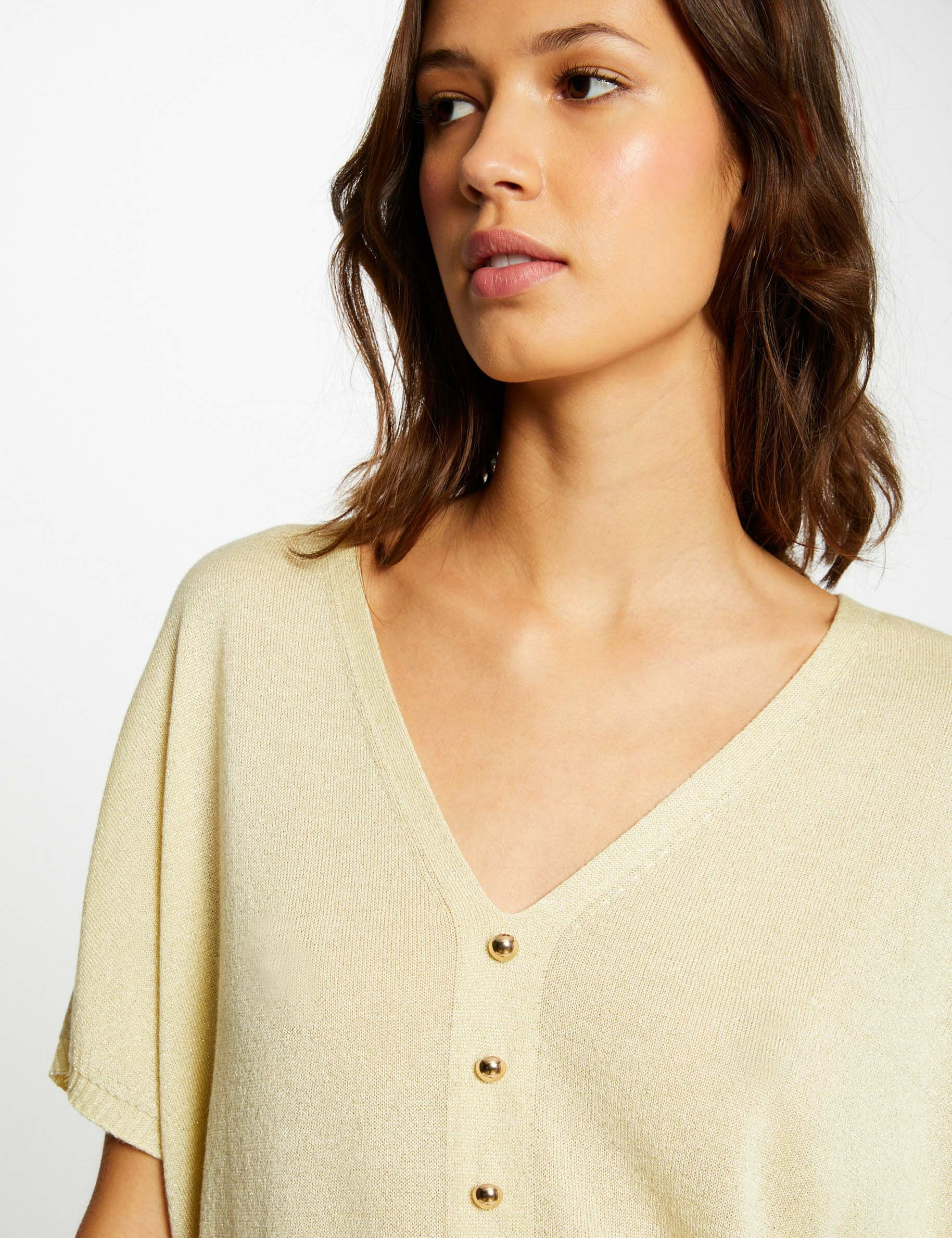 Pull manches courtes avec boutons jaune paille femme - jaune_paille