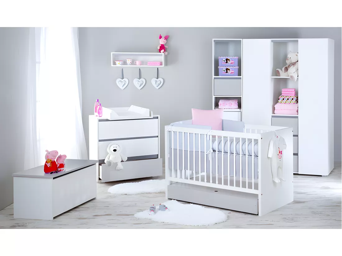 Chambre complète lit bébé évolutif - commode à langer - armoire 3 portes LittleSky by Klups Dalia - Blanc